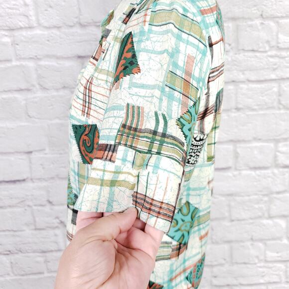 Vintage '70s Bradley Knitwear Green Plaid Patchwork Print Button Down Top Size M - Picture 7 of 16